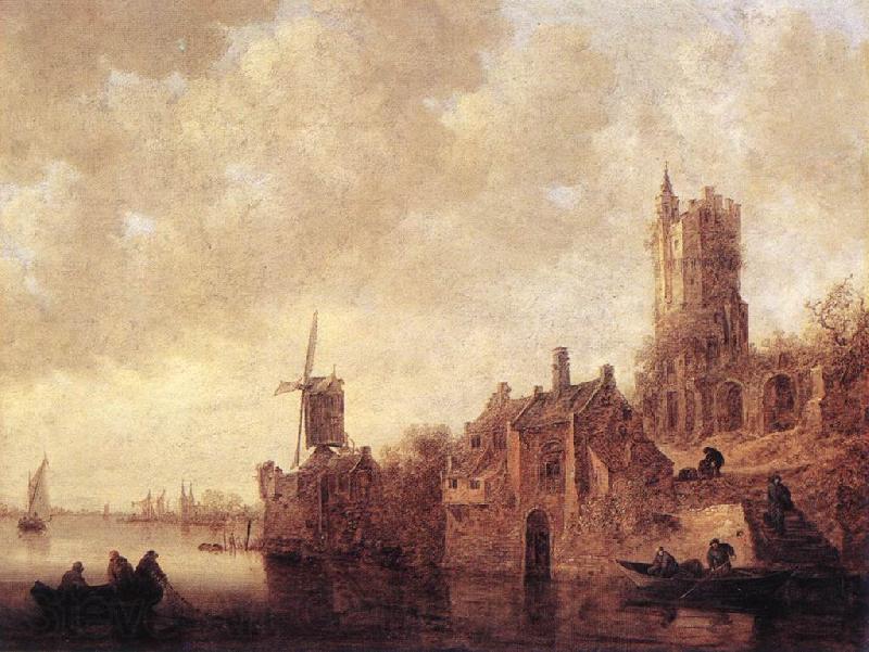 Jan van Goyen River Landscape with a Windmill and Ruined Castle Norge oil painting art